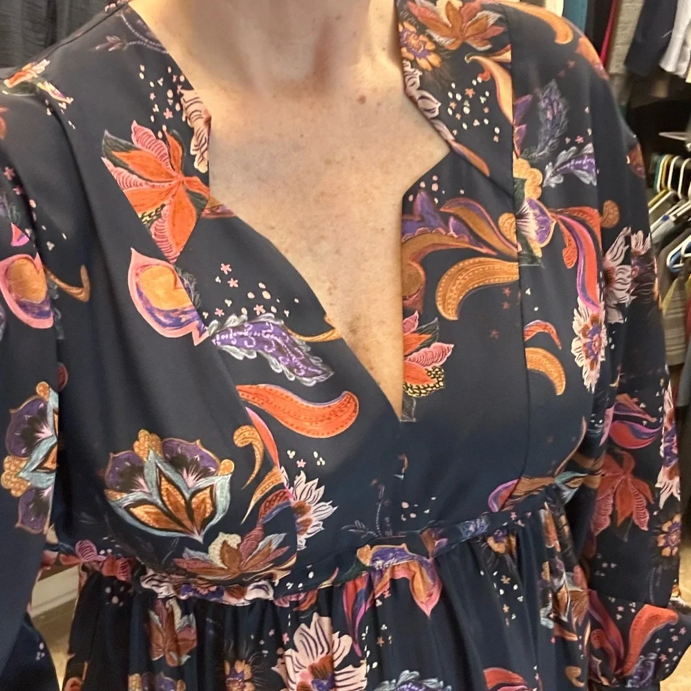 Johnny Was Navy Floral Long Sleeve Dress